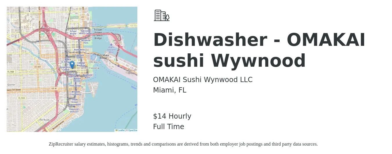 OMAKAI Sushi Wynwood LLC job posting for a Dishwasher - OMAKAI sushi Wywnood in Miami, FL with a salary of $15 Hourly with a map of Miami location.