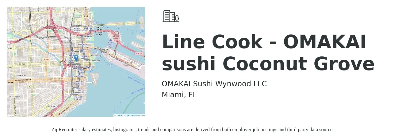 OMAKAI Sushi Wynwood LLC job posting for a Line Cook - OMAKAI sushi Coconut Grove in Miami, FL with a salary of $15 to $19 Hourly with a map of Miami location.