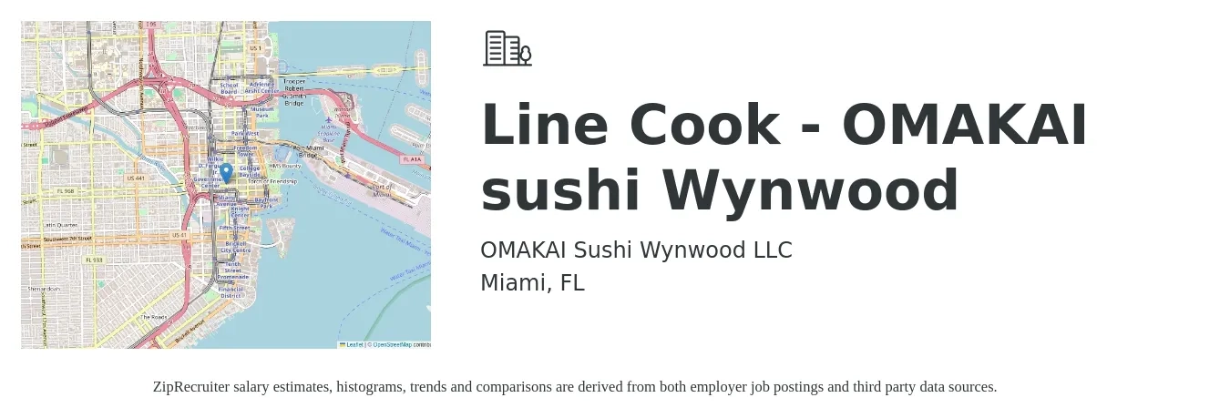 OMAKAI Sushi Wynwood LLC job posting for a Line Cook - OMAKAI sushi Wynwood in Miami, FL with a salary of $14 to $18 Hourly with a map of Miami location.