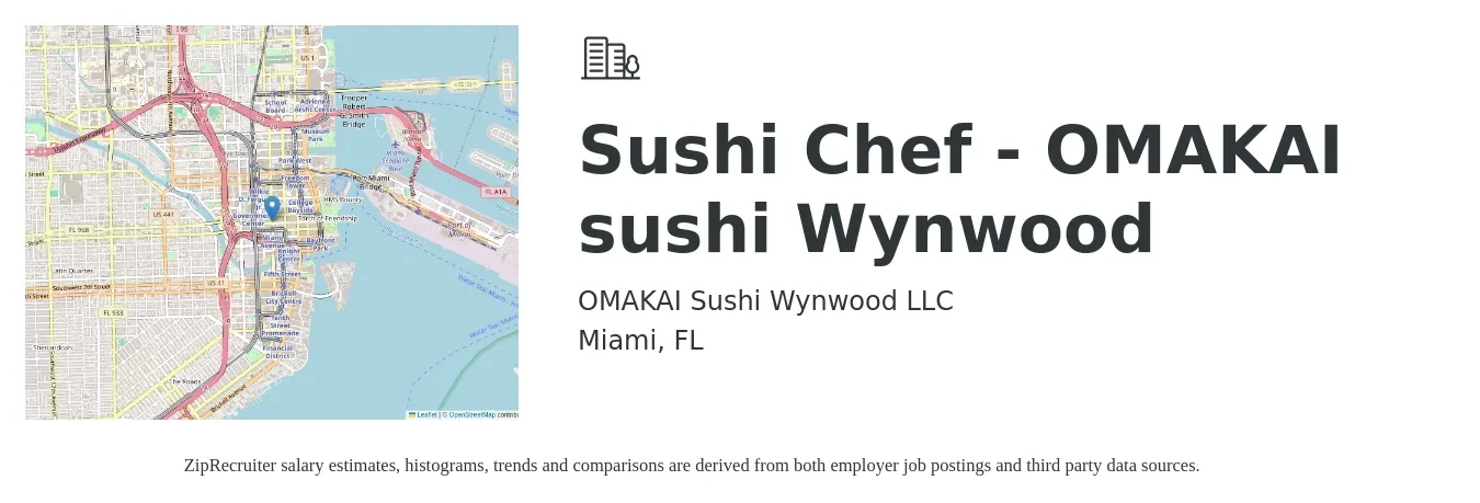 OMAKAI Sushi Wynwood LLC job posting for a Sushi Chef - OMAKAI sushi Wynwood in Miami, FL with a salary of $17 to $26 Hourly with a map of Miami location.