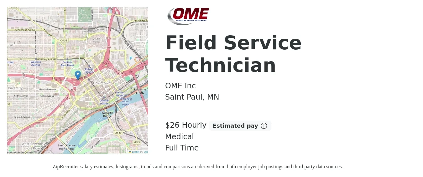 OME Inc job posting for a Field Service Technician in Saint Paul, MN with a salary of $28 Hourly and benefits including medical, and retirement with a map of Saint Paul location.