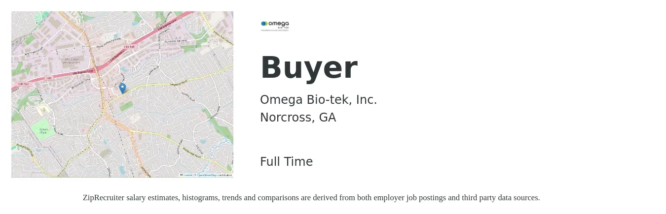 Omega Bio-tek, Inc. job posting for a Buyer in Norcross, GA with a salary of $51,600 to $74,100 Yearly with a map of Norcross location.