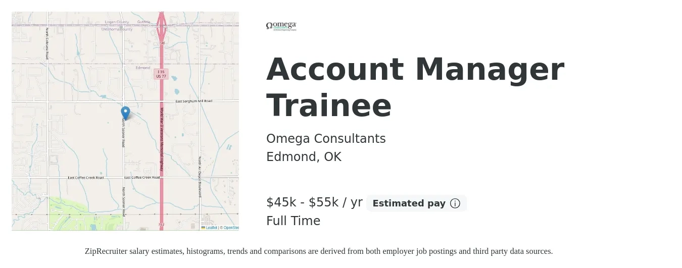Omega Consultants job posting for a Account Manager Trainee in Edmond, OK with a salary of $45,000 to $55,000 Yearly with a map of Edmond location.