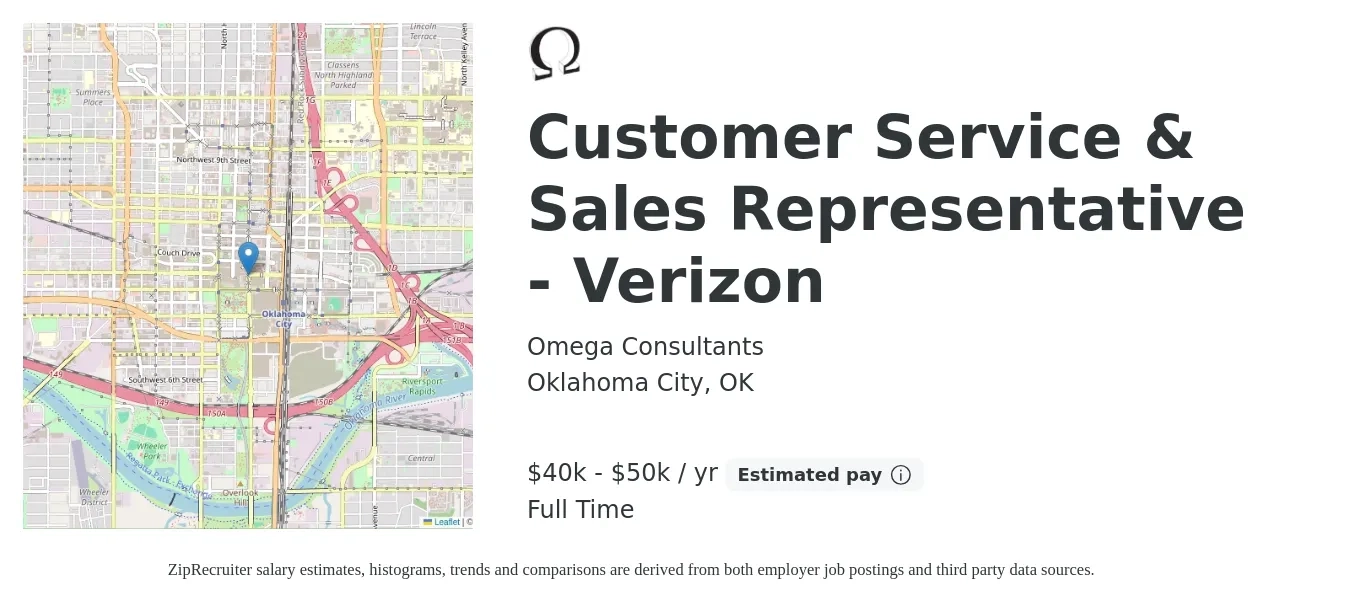 Omega Consultants job posting for a Customer Service & Sales Representative - Verizon in Oklahoma City, OK with a salary of $40,000 to $50,000 Yearly with a map of Oklahoma City location.