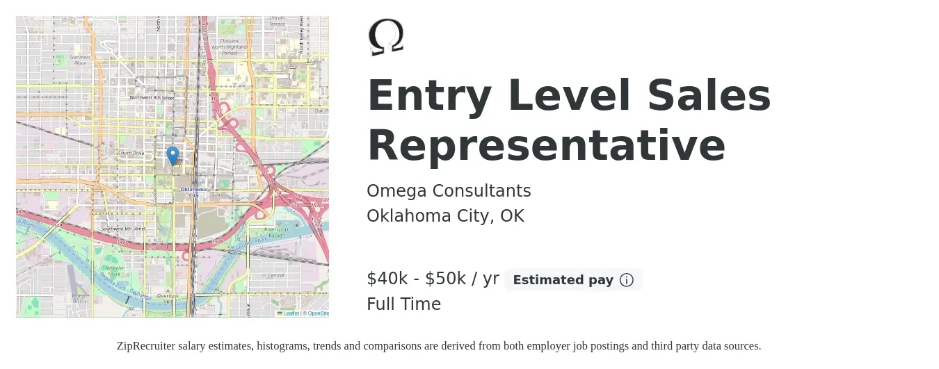 Omega Consultants job posting for a Entry Level Sales Representative in Oklahoma City, OK with a salary of $40,000 to $50,000 Yearly with a map of Oklahoma City location.