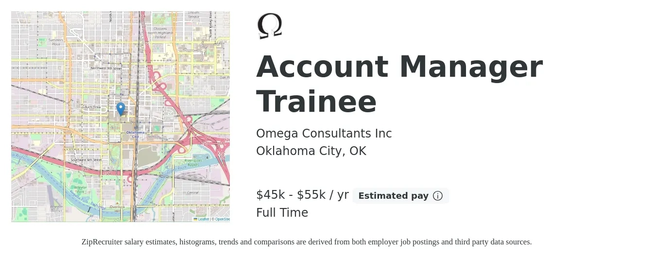 Omega Consultants Inc job posting for a Account Manager Trainee in Oklahoma City, OK with a salary of $43,700 to $55,800 Yearly with a map of Oklahoma City location.