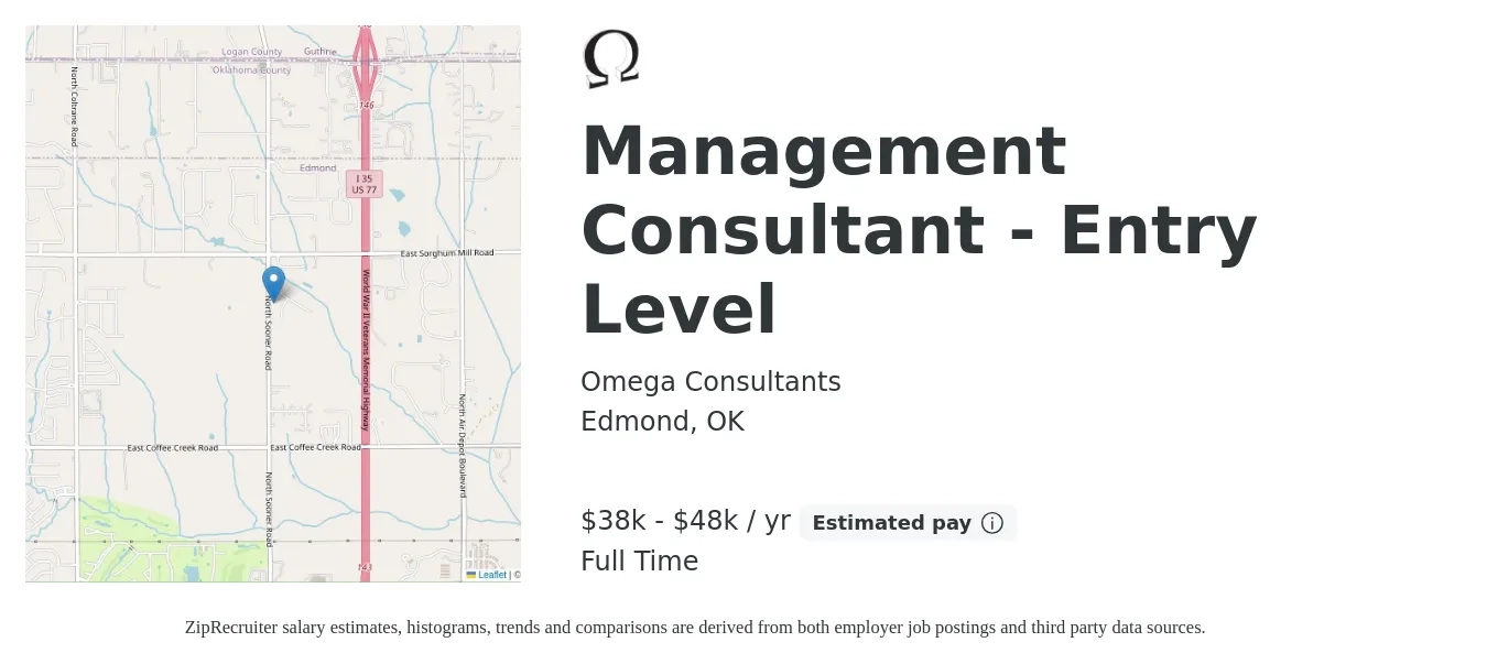 Omega Consultants job posting for a Management Consultant - Entry Level in Edmond, OK with a salary of $38,000 to $48,000 Yearly with a map of Edmond location.