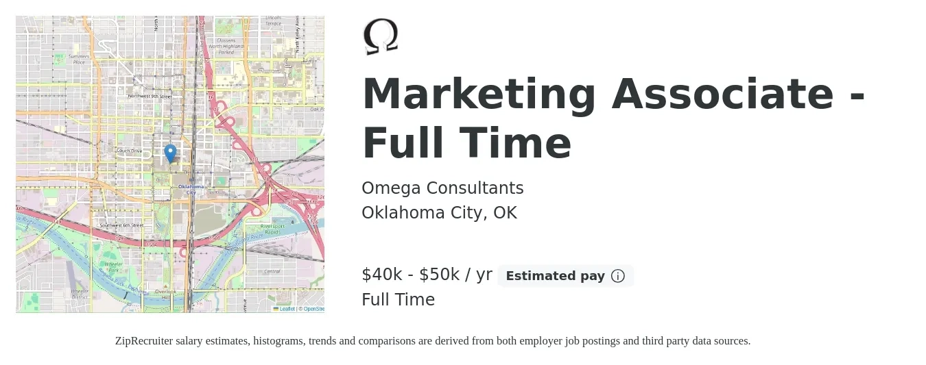 Omega Consultants job posting for a Marketing Associate - Full Time in Oklahoma City, OK with a salary of $40,000 to $50,000 Yearly with a map of Oklahoma City location.