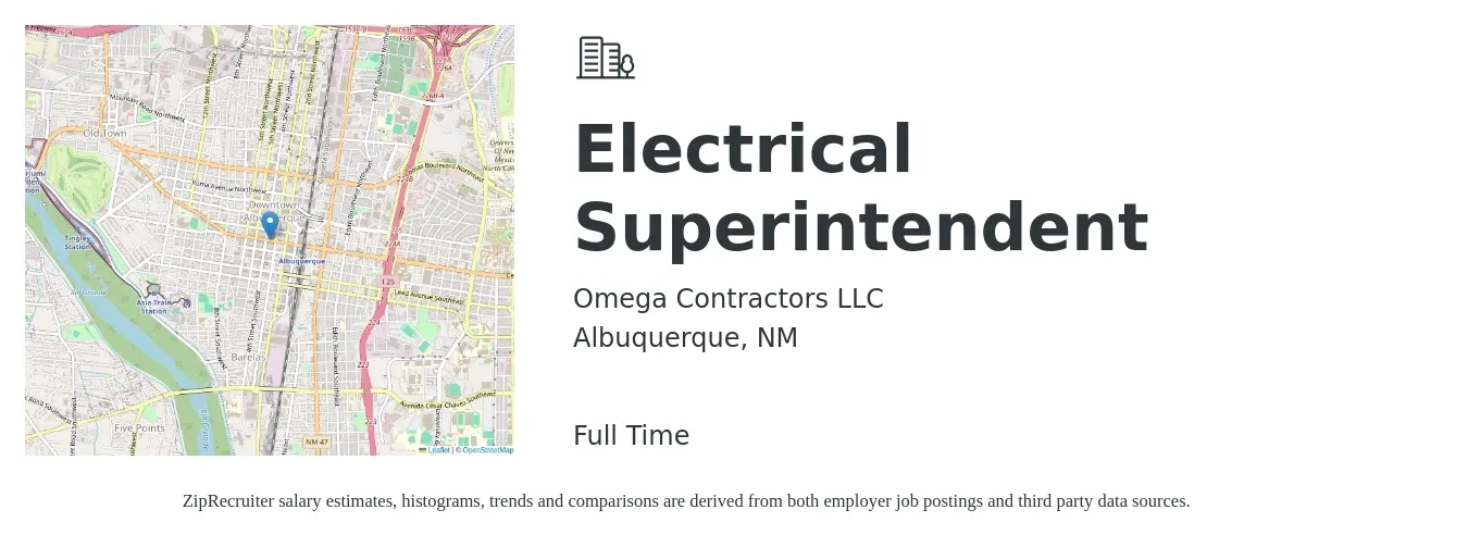 Omega Contractors LLC job posting for a Electrical Superintendent in Albuquerque, NM with a salary of $30 to $46 Hourly with a map of Albuquerque location.