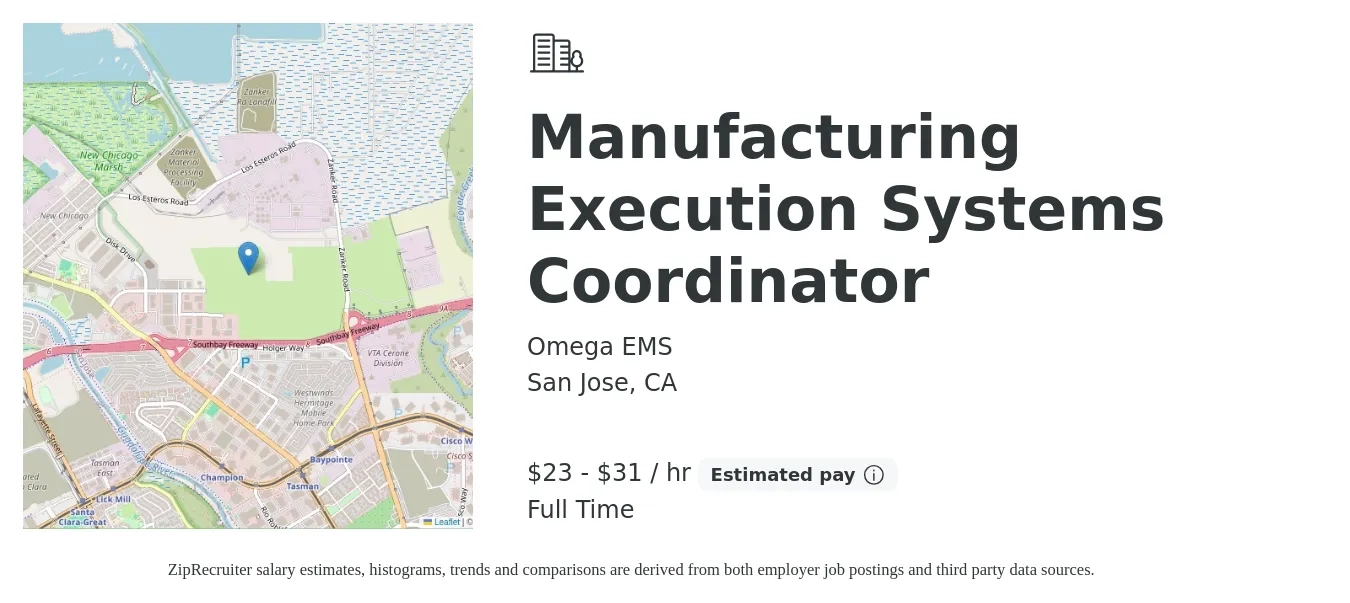 Omega EMS job posting for a Manufacturing Execution Systems Coordinator in San Jose, CA with a salary of $24 to $33 Hourly with a map of San Jose location.