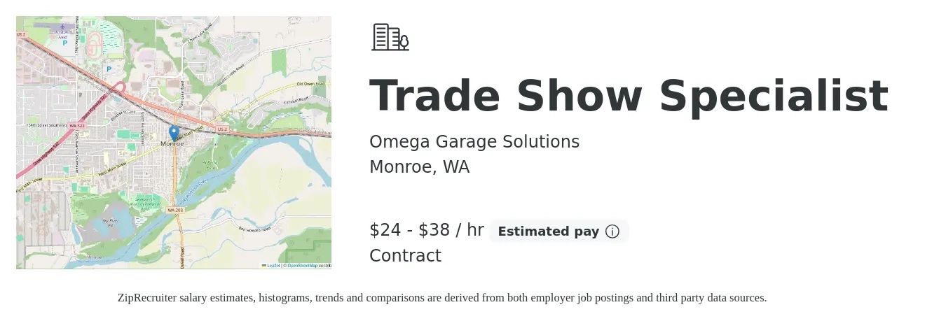 Omega Garage Solutions job posting for a Trade Show Specialist in Monroe, WA with a salary of $25 to $40 Hourly (plus commission) with a map of Monroe location.