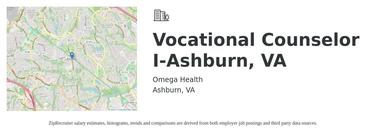 Omega Health job posting for a Vocational Counselor I-Ashburn, VA in Ashburn, VA with a salary of $22 to $24 Hourly with a map of Ashburn location.