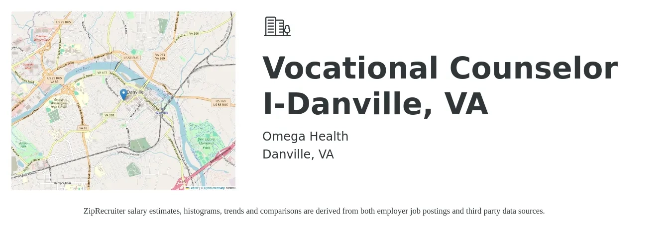 Omega Health job posting for a Vocational Counselor I-Danville, VA in Danville, VA with a salary of $16 to $18 Hourly with a map of Danville location.