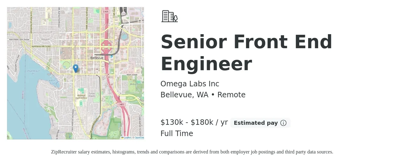 Omega Labs Inc job posting for a Senior Front End Engineer in Bellevue, WA with a salary of $130,000 to $180,000 Yearly with a map of Bellevue location.
