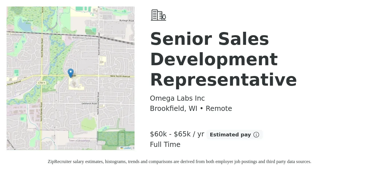 Omega Labs Inc job posting for a Senior Sales Development Representative in Brookfield, WI with a salary of $60,000 to $65,000 Yearly with a map of Brookfield location.