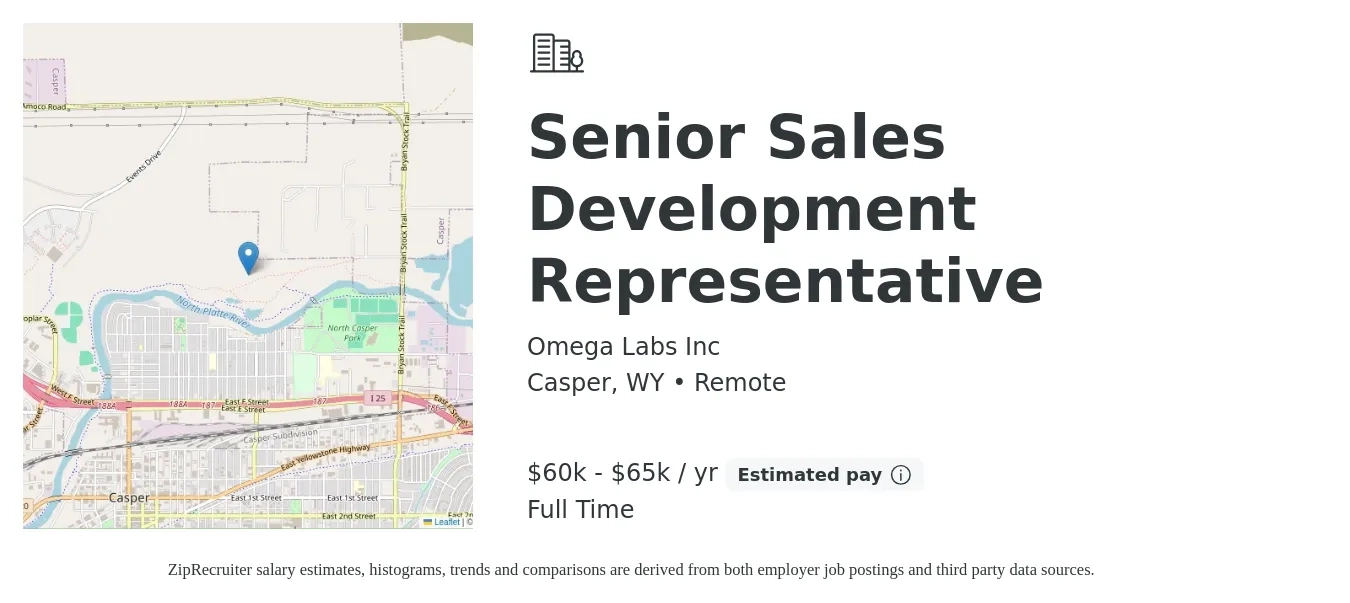 Omega Labs Inc job posting for a Senior Sales Development Representative in Casper, WY with a salary of $60,000 to $65,000 Yearly with a map of Casper location.