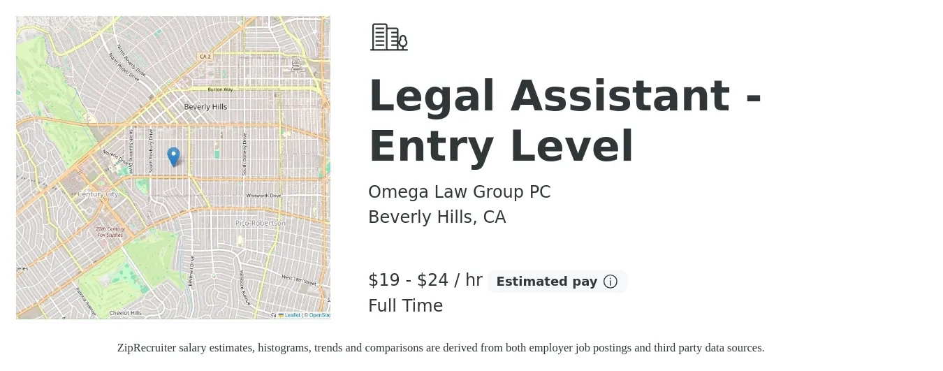 Omega Law Group PC job posting for a Legal Assistant - Entry Level in Beverly Hills, CA with a salary of $20 to $25 Hourly with a map of Beverly Hills location.