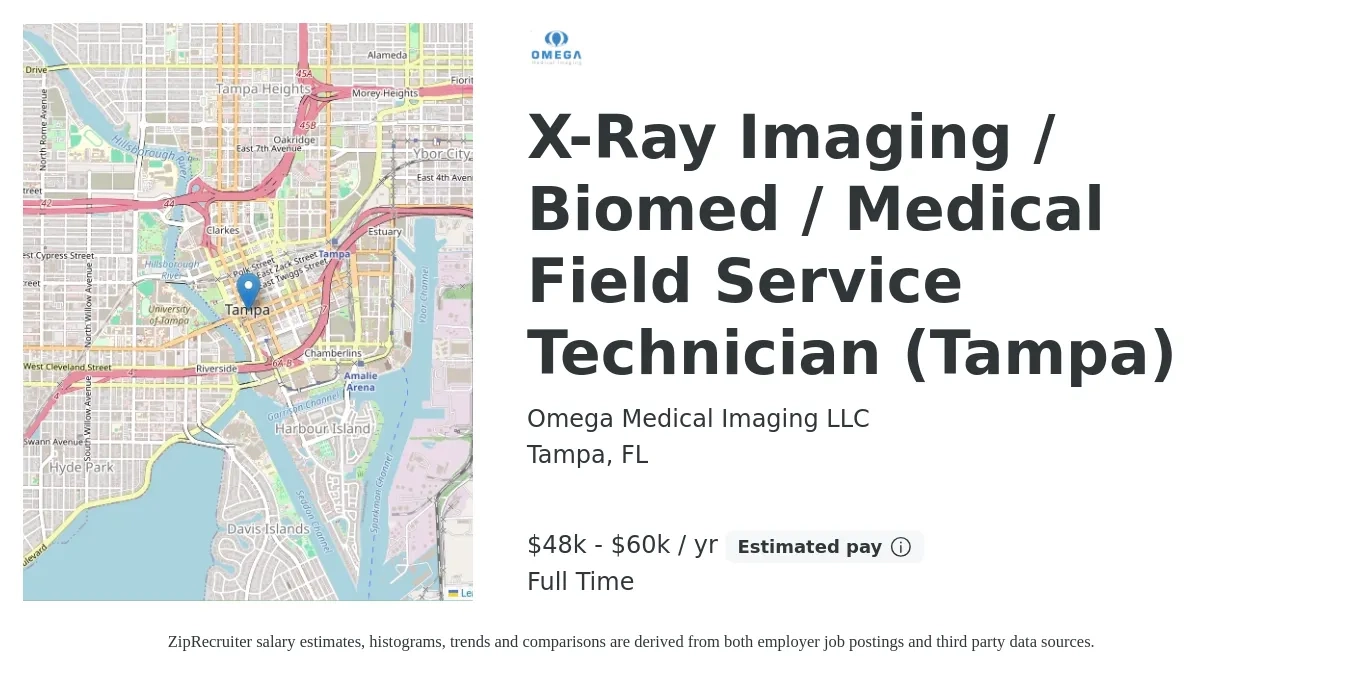 Omega Medical Imaging LLC job posting for a X-Ray Imaging / Biomed / Medical Field Service Technician (Tampa) in Tampa, FL with a salary of $48,000 to $60,000 Yearly with a map of Tampa location.