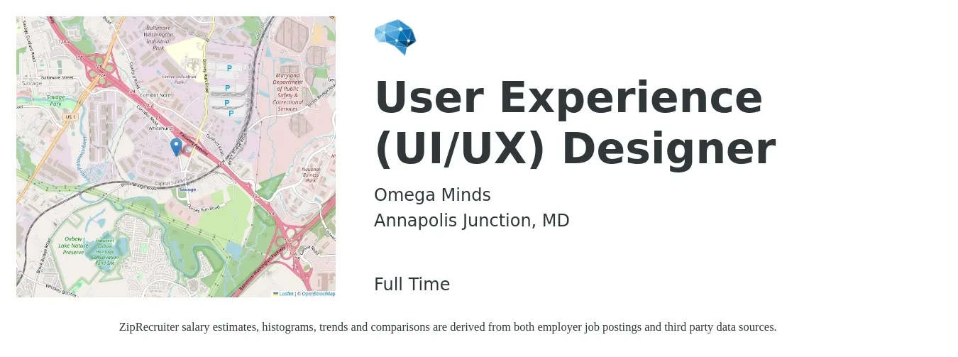 Omega Minds job posting for a User Experience (UI/UX) Designer in Annapolis Junction, MD with a salary of $44 to $69 Hourly with a map of Annapolis Junction location.