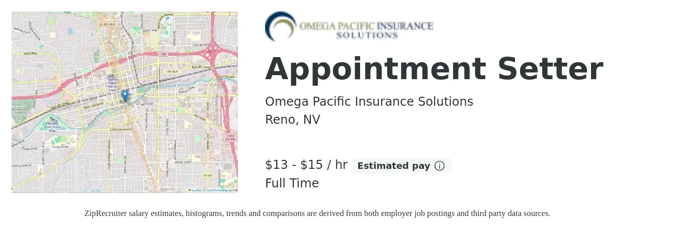 Omega Pacific Insurance Solutions job posting for a Appointment Setter in Reno, NV with a salary of $14 to $16 Hourly with a map of Reno location.