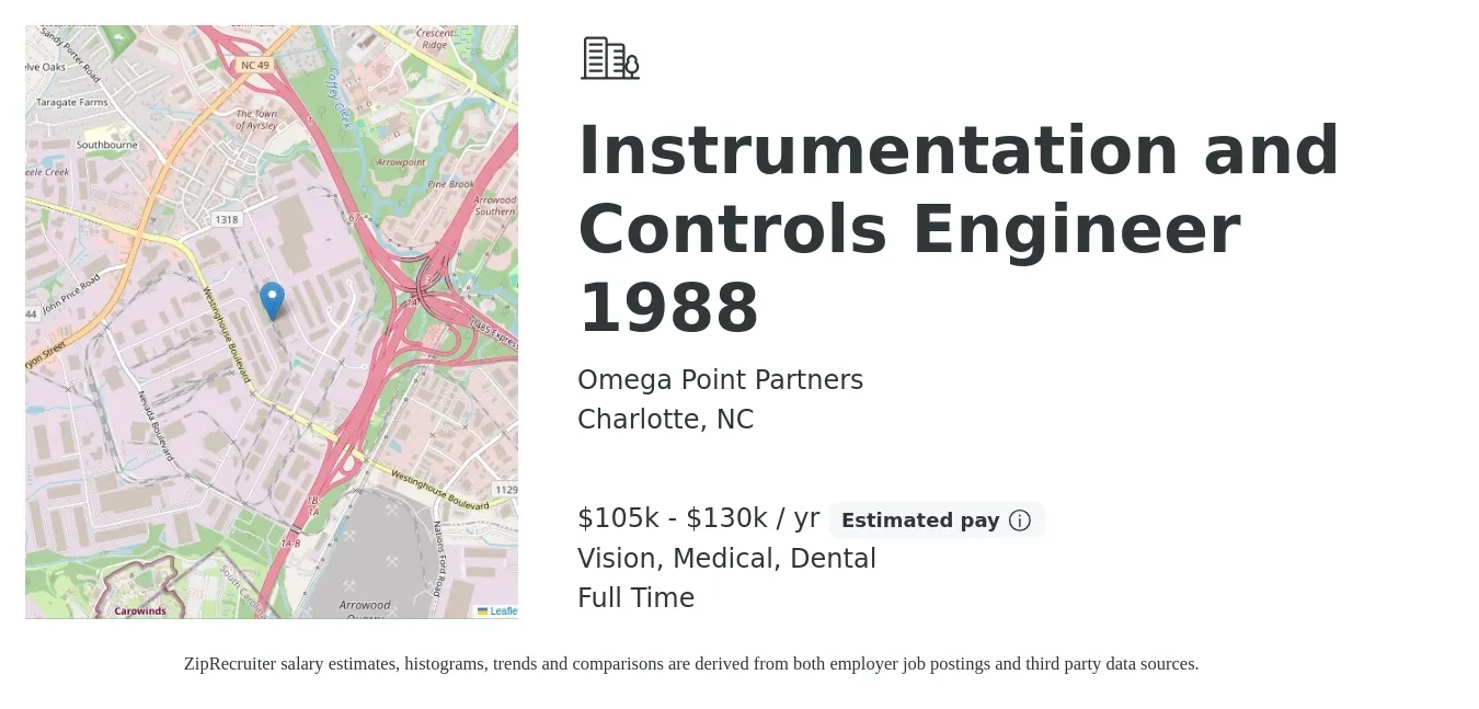 Omega Point Partners job posting for a Instrumentation and Controls Engineer 1988 in Charlotte, NC with a salary of $105,000 to $130,000 Yearly and benefits including retirement, vision, dental, life_insurance, and medical with a map of Charlotte location.