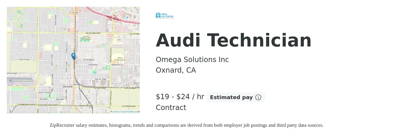 Omega Solutions Inc job posting for a Audi Technician in Oxnard, CA with a salary of $20 to $25 Hourly with a map of Oxnard location.