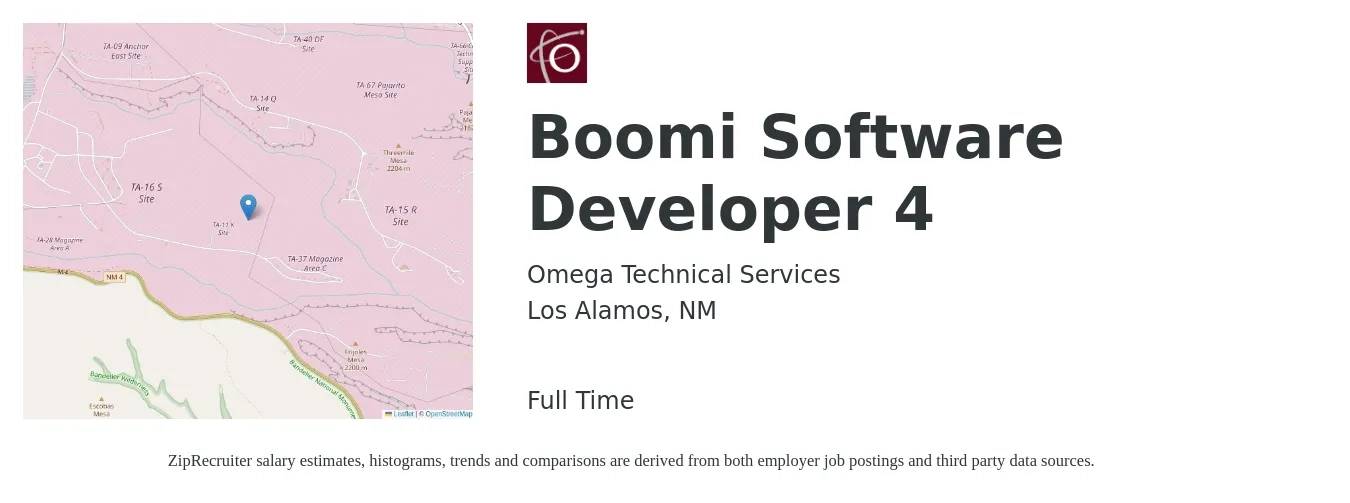 Omega Technical Services job posting for a Boomi Software Developer 4 in Los Alamos, NM with a salary of $81,800 to $118,200 Yearly with a map of Los Alamos location.