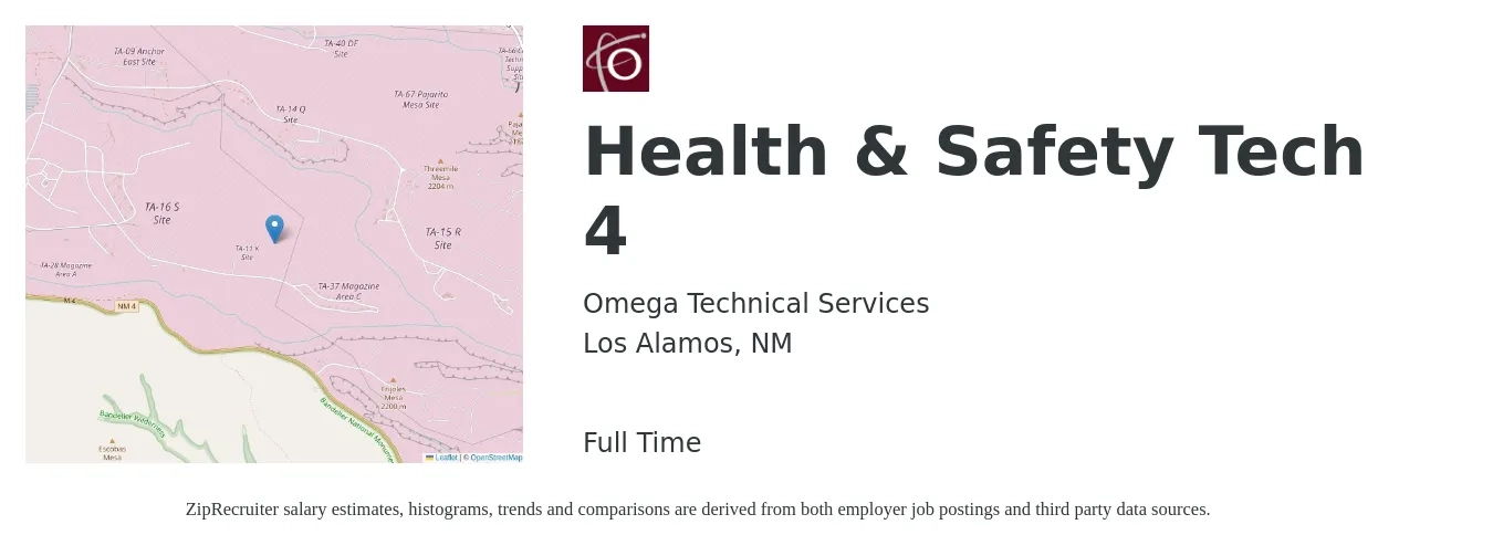 Omega Technical Services job posting for a Health & Safety Tech 4 in Los Alamos, NM with a salary of $18 to $27 Hourly with a map of Los Alamos location.