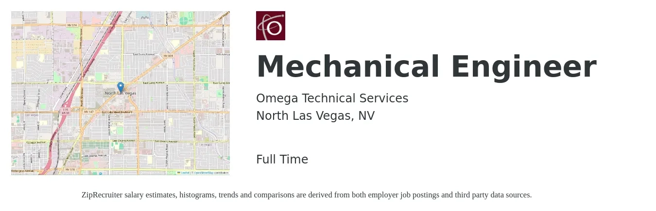 Omega Technical Services job posting for a Mechanical Engineer in North Las Vegas, NV with a salary of $75,800 to $117,600 Yearly with a map of North Las Vegas location.