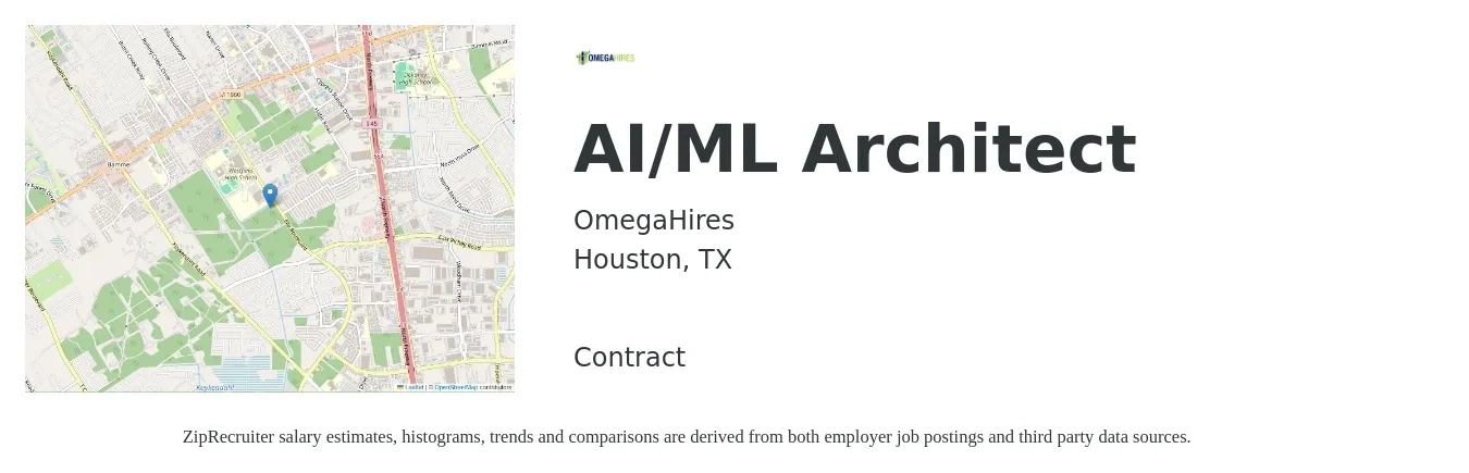 OmegaHires job posting for a AI/ML Architect in Houston, TX with a salary of $61 to $79 Hourly with a map of Houston location.