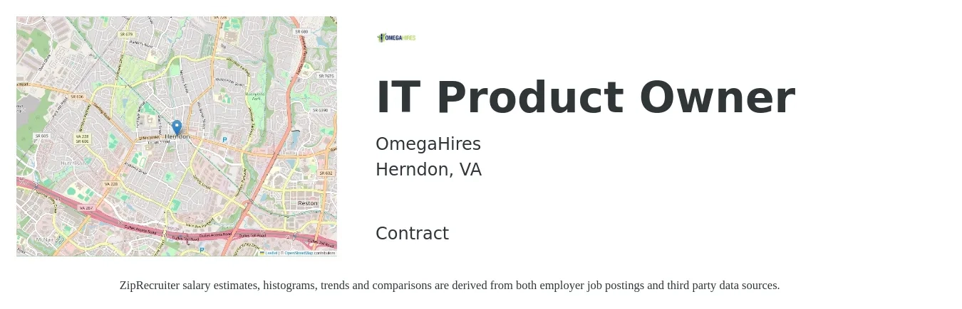 OmegaHires job posting for a IT Product Owner in Herndon, VA with a salary of $100,069 Yearly with a map of Herndon location.