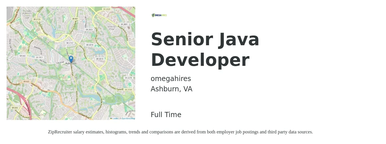 omegahires job posting for a Senior Java Developer in Ashburn, VA with a salary of $58 to $75 Hourly with a map of Ashburn location.