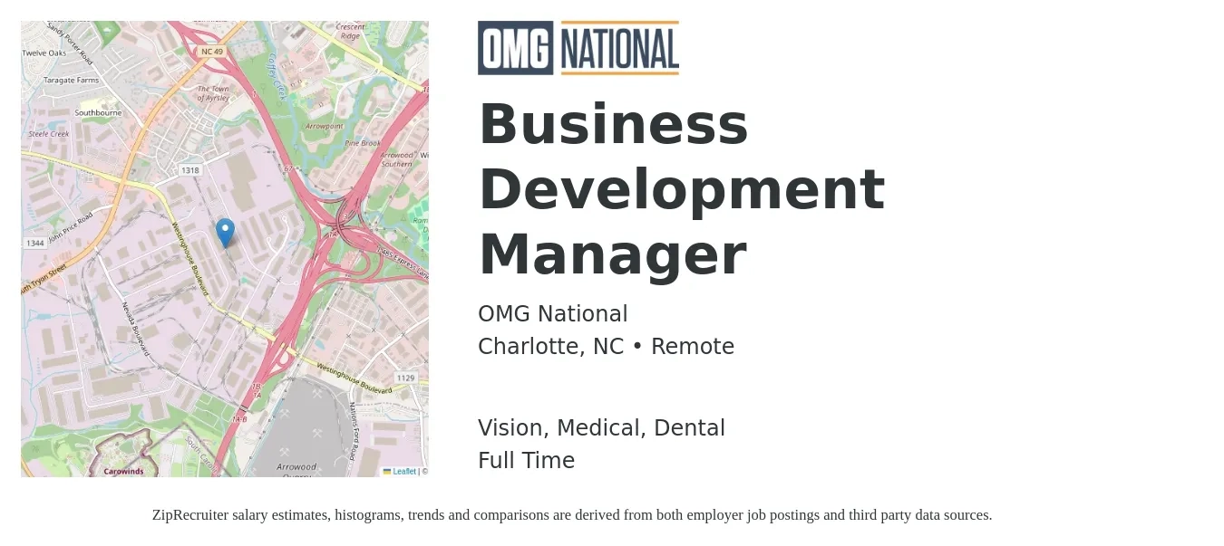 OMG National job posting for a Business Development Manager in Charlotte, NC with a salary of $59,600 to $97,700 Yearly and benefits including medical, vision, dental, and life_insurance with a map of Charlotte location.