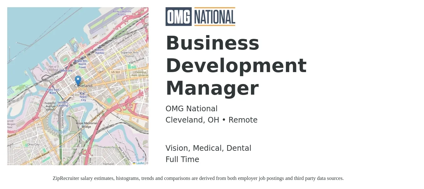 OMG National job posting for a Business Development Manager in Cleveland, OH with a salary of $59,200 to $97,000 Yearly and benefits including dental, life_insurance, medical, and vision with a map of Cleveland location.