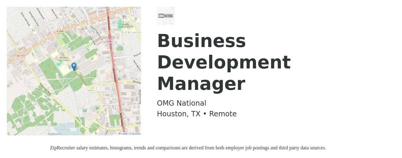 OMG National job posting for a Business Development Manager in Houston, TX with a salary of $58,300 to $95,500 Yearly with a map of Houston location.