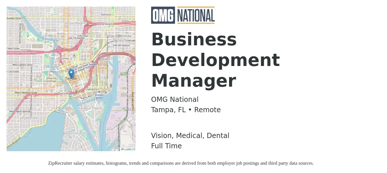 OMG National job posting for a Business Development Manager in Tampa, FL with a salary of $57,600 to $94,500 Yearly and benefits including medical, vision, dental, and life_insurance with a map of Tampa location.