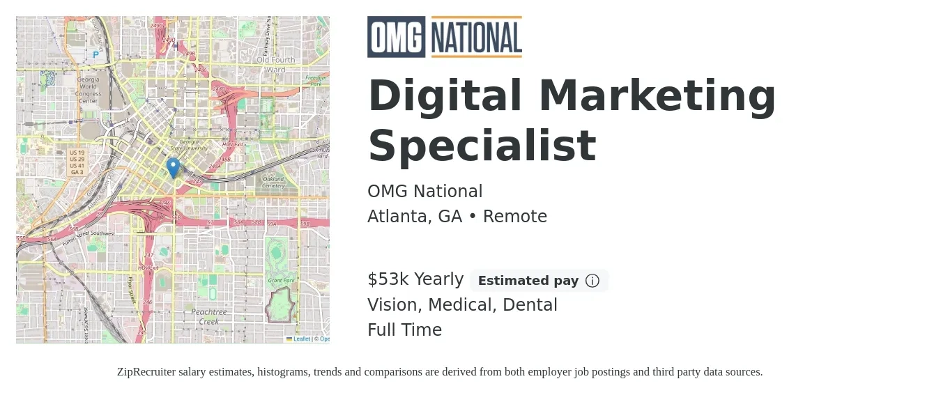 OMG National job posting for a Digital Marketing Specialist in Atlanta, GA with a salary of $53,000 Yearly (plus commission) and benefits including dental, life_insurance, medical, retirement, and vision with a map of Atlanta location.