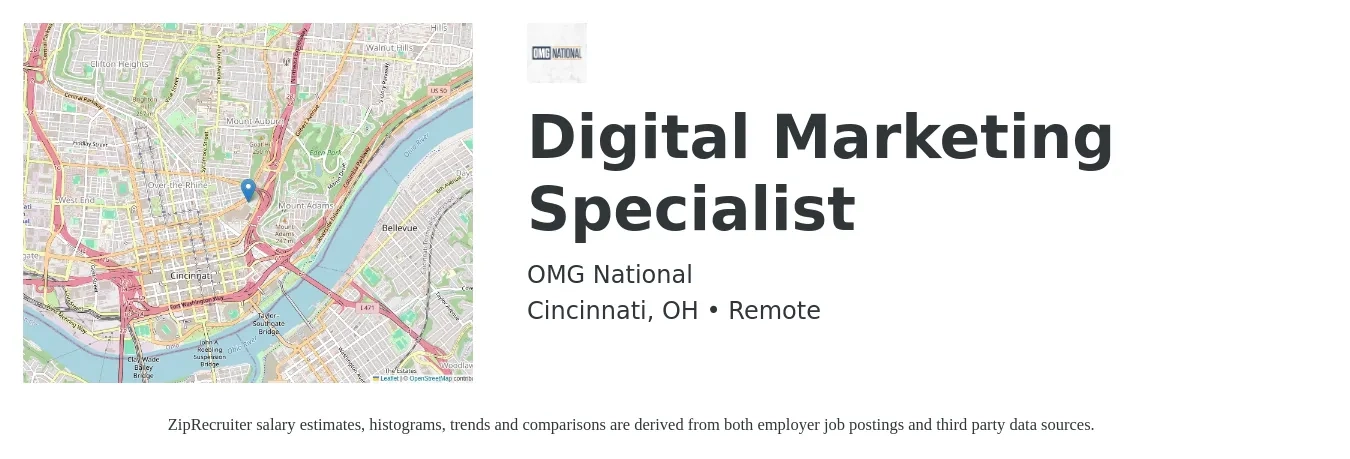 OMG National job posting for a Digital Marketing Specialist in Cincinnati, OH with a salary of $53,000 Yearly (plus commission) and benefits including dental, life_insurance, medical, retirement, and vision with a map of Cincinnati location.