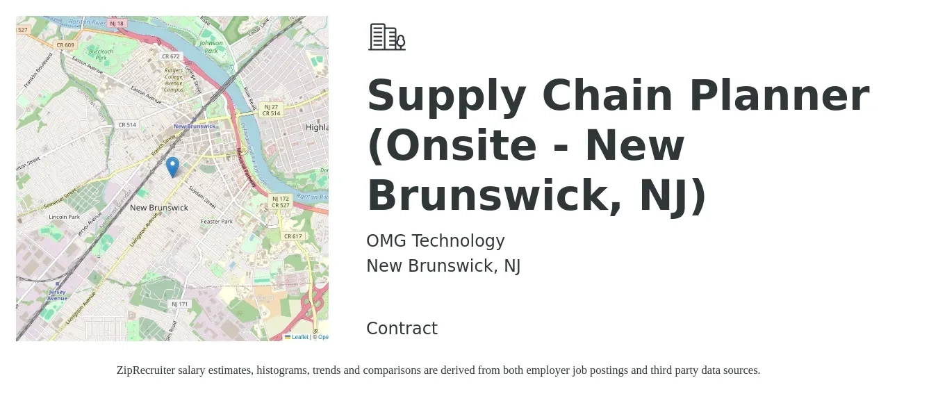 OMG Technology job posting for a Supply Chain Planner (Onsite - New Brunswick, NJ) in New Brunswick, NJ with a salary of $30 to $33 Hourly with a map of New Brunswick location.