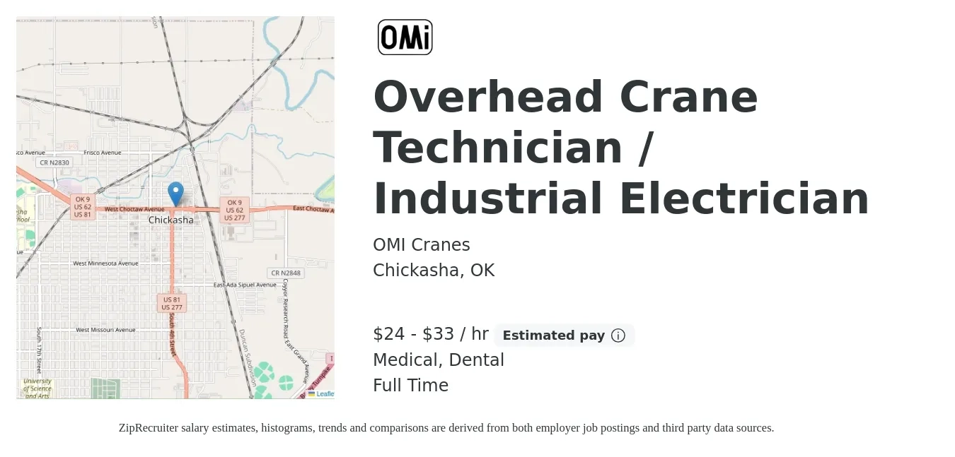 OMI Cranes job posting for a Overhead Crane Technician / Industrial Electrician in Chickasha, OK with a salary of $25 to $35 Hourly and benefits including retirement, dental, life_insurance, and medical with a map of Chickasha location.