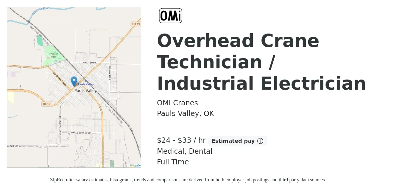 OMI Cranes job posting for a Overhead Crane Technician / Industrial Electrician in Pauls Valley, OK with a salary of $25 to $35 Hourly and benefits including dental, life_insurance, medical, and retirement with a map of Pauls Valley location.