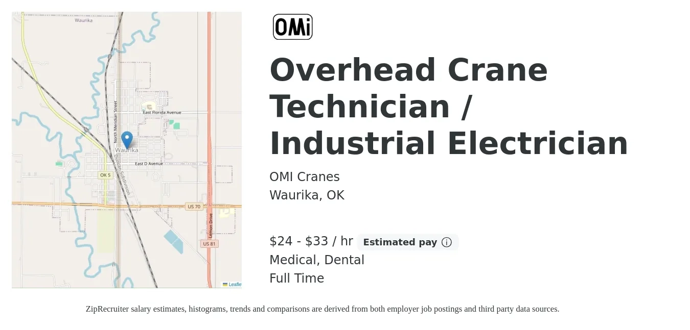 OMI Cranes job posting for a Overhead Crane Technician / Industrial Electrician in Waurika, OK with a salary of $25 to $35 Hourly and benefits including life_insurance, medical, retirement, and dental with a map of Waurika location.