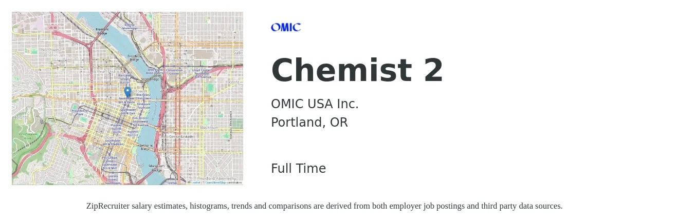 OMIC USA Inc. job posting for a Chemist 2 in Portland, OR with a salary of $26 to $39 Hourly with a map of Portland location.