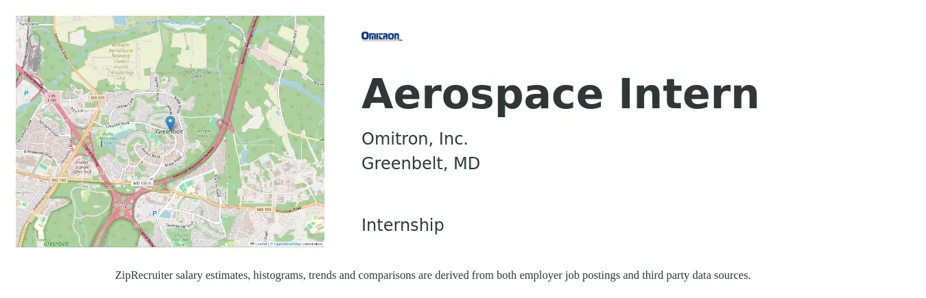 Omitron, Inc. job posting for a Aerospace Intern in Greenbelt, MD with a salary of $17 to $22 Hourly with a map of Greenbelt location.