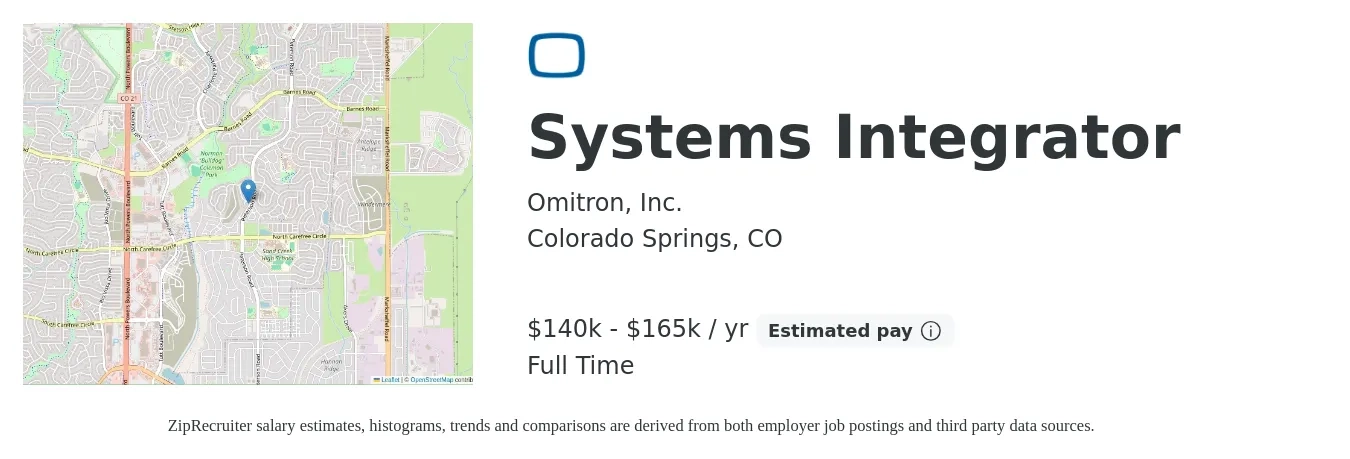Omitron, Inc. job posting for a Systems Integrator in Colorado Springs, CO with a salary of $140,000 to $165,000 Yearly with a map of Colorado Springs location.