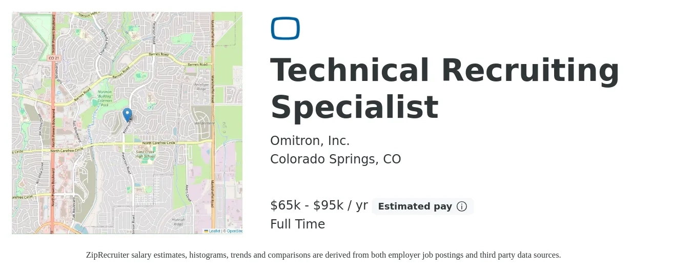 Omitron, Inc. job posting for a Technical Recruiting Specialist in Colorado Springs, CO with a salary of $65,000 to $95,000 Yearly with a map of Colorado Springs location.