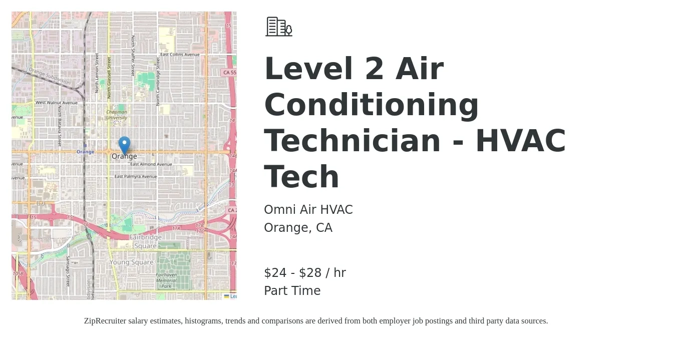 Omni Air HVAC job posting for a Level 2 Air Conditioning Technician - HVAC Tech in Orange, CA with a salary of $25 to $30 Hourly with a map of Orange location.