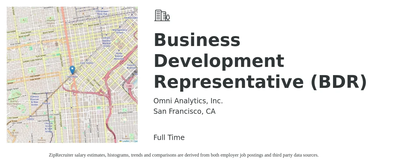 Omni Analytics, Inc. job posting for a Business Development Representative (BDR) in San Francisco, CA with a salary of $53,000 to $82,500 Yearly with a map of San Francisco location.