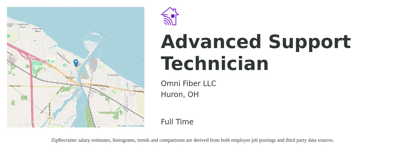 Omni Fiber LLC job posting for a Advanced Support Technician in Huron, OH with a salary of $19 to $26 Hourly with a map of Huron location.