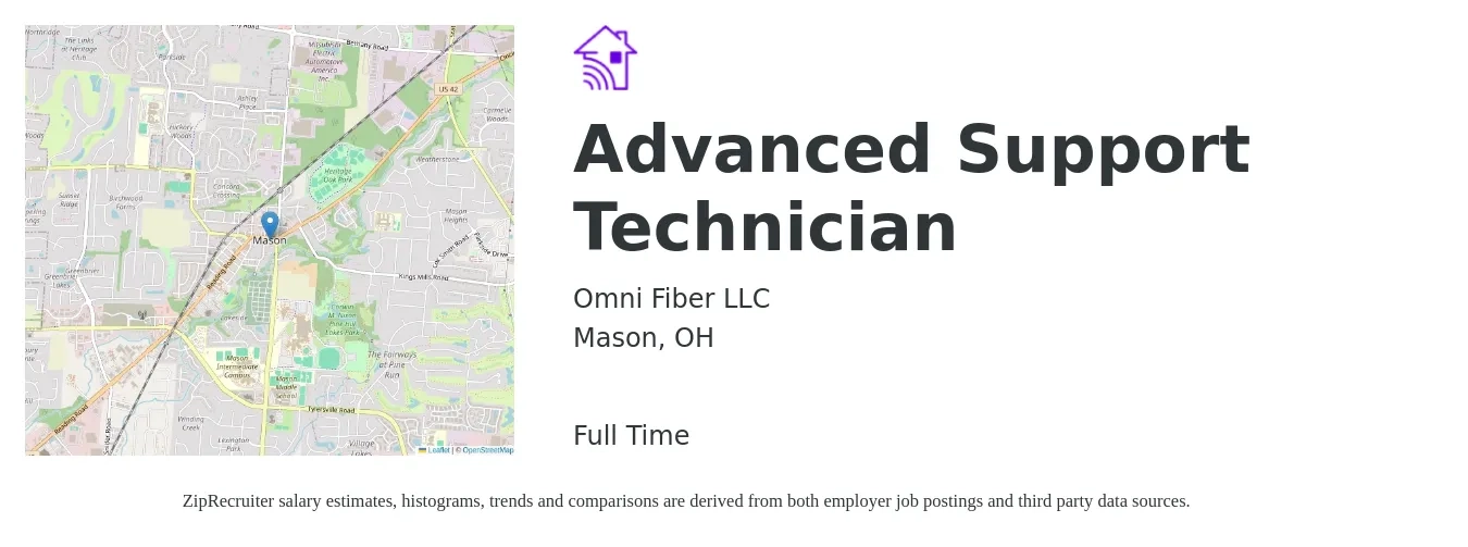 Omni Fiber LLC job posting for a Advanced Support Technician in Mason, OH with a salary of $20 to $28 Hourly with a map of Mason location.